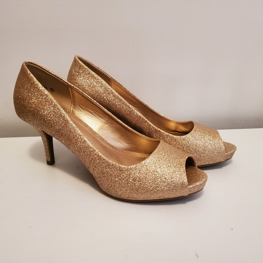 Dream Pairs Gold Glitter Peep Toe Heels, 9.5